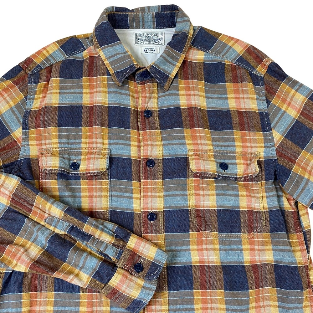 Lucky Brand Dungarees Shirt Men M Navy Gold Plaid Fall Button Up Flap Pockets